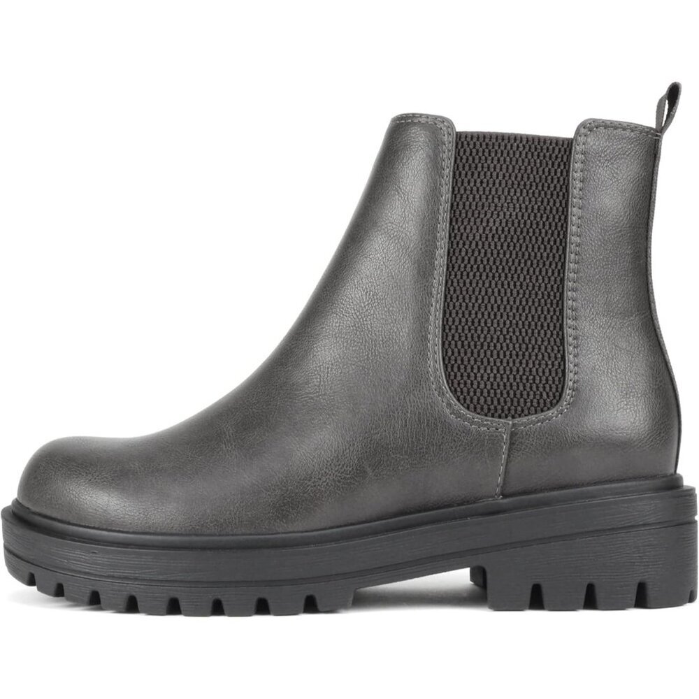Women Grey Pu Lug Sole Low Chunky Heel Chelsea Double Elastic Ankle Booties